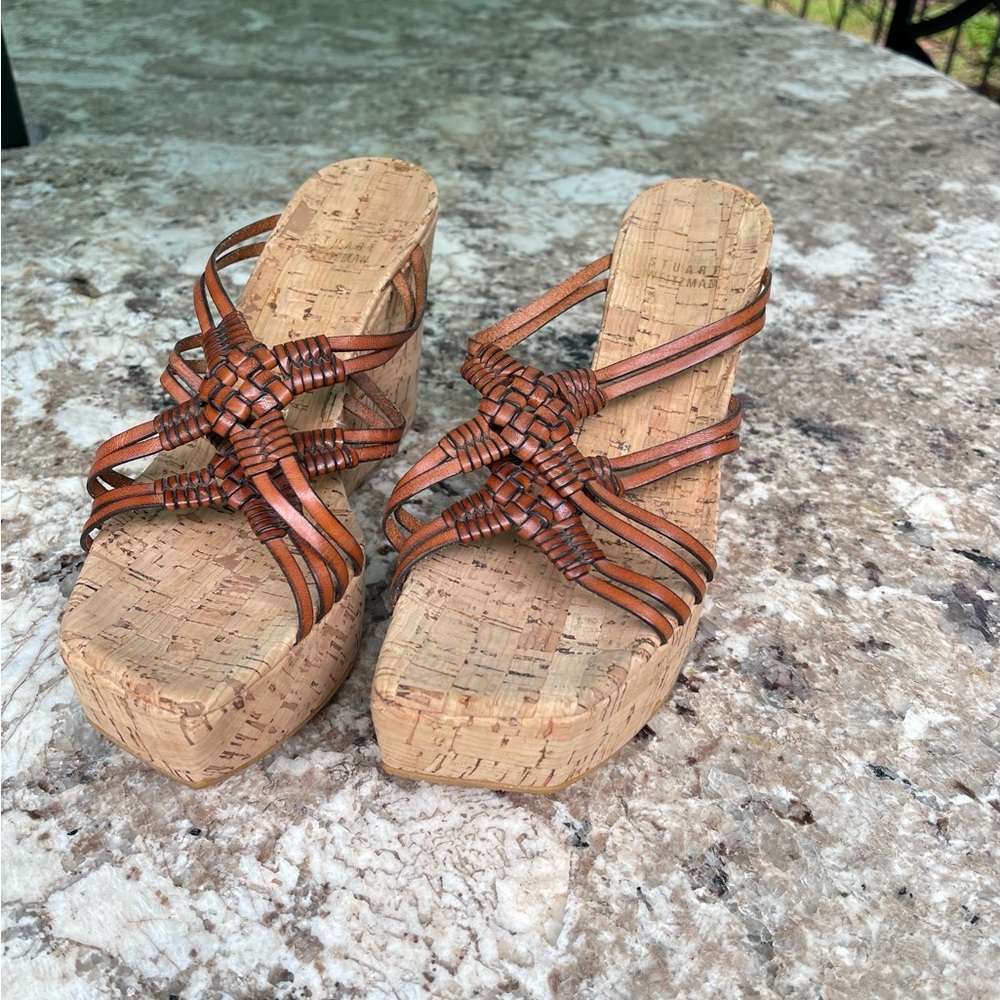NWOB STUART WEITZMAN Wedge Platform Cork Strappy Sandal Sz 8 Brown Leather Upper
